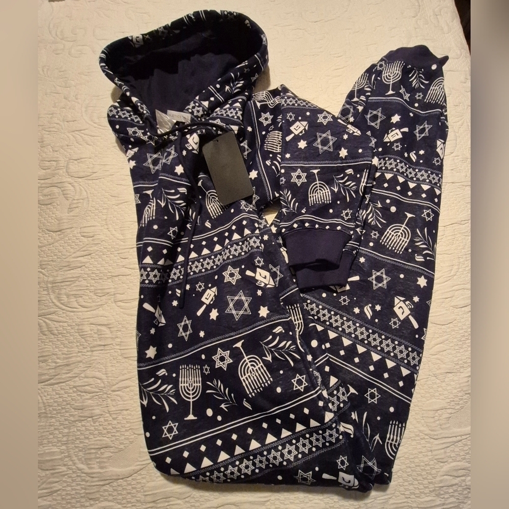 Fabletics Medium Cozy Fleece Hooded Onesie With Hanukkah Print NWT